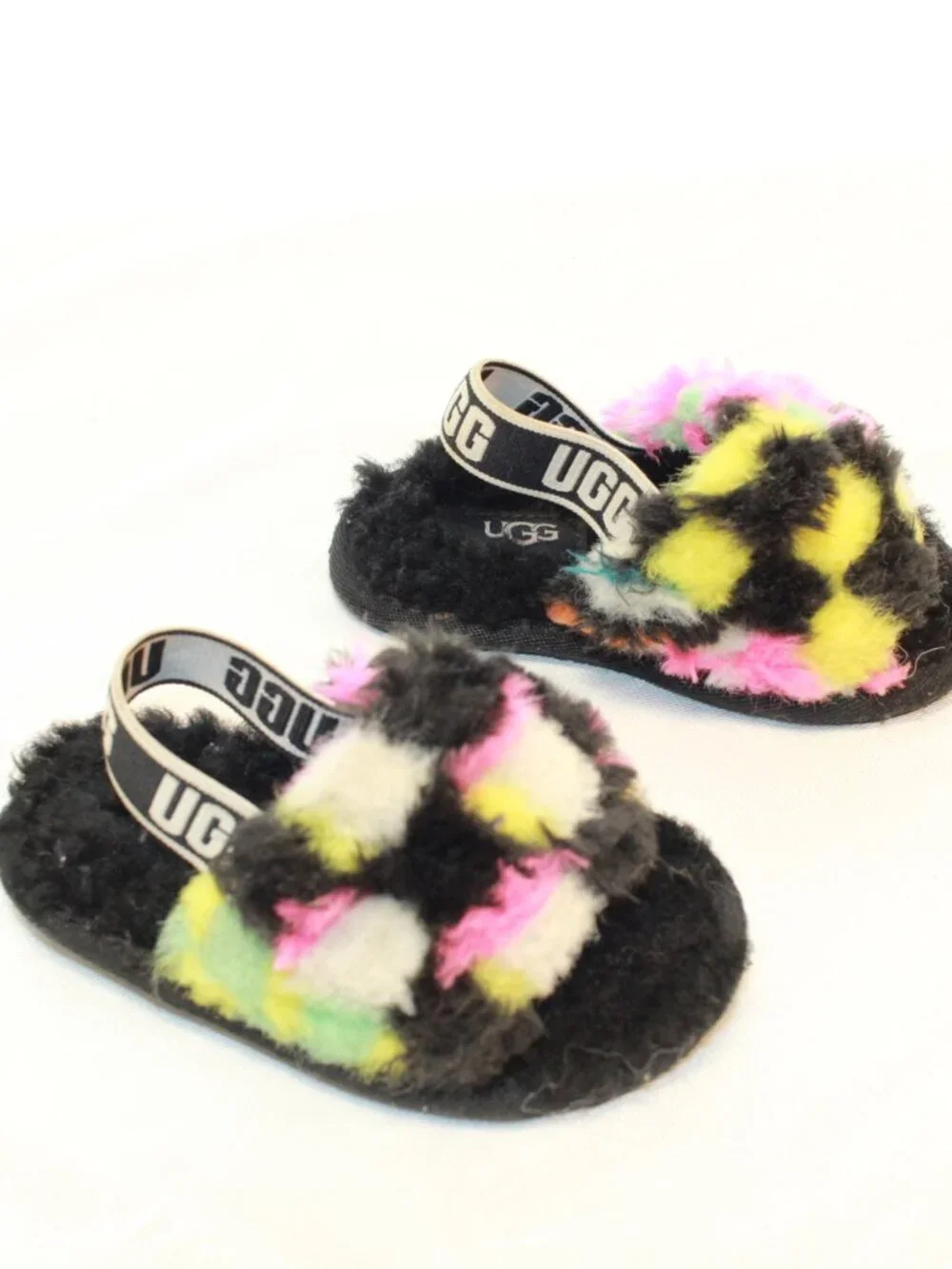 UGG Size Baby 6  Checks Black Fluff Yeah Slide Faux Fur Slipper Sandals 1130391T